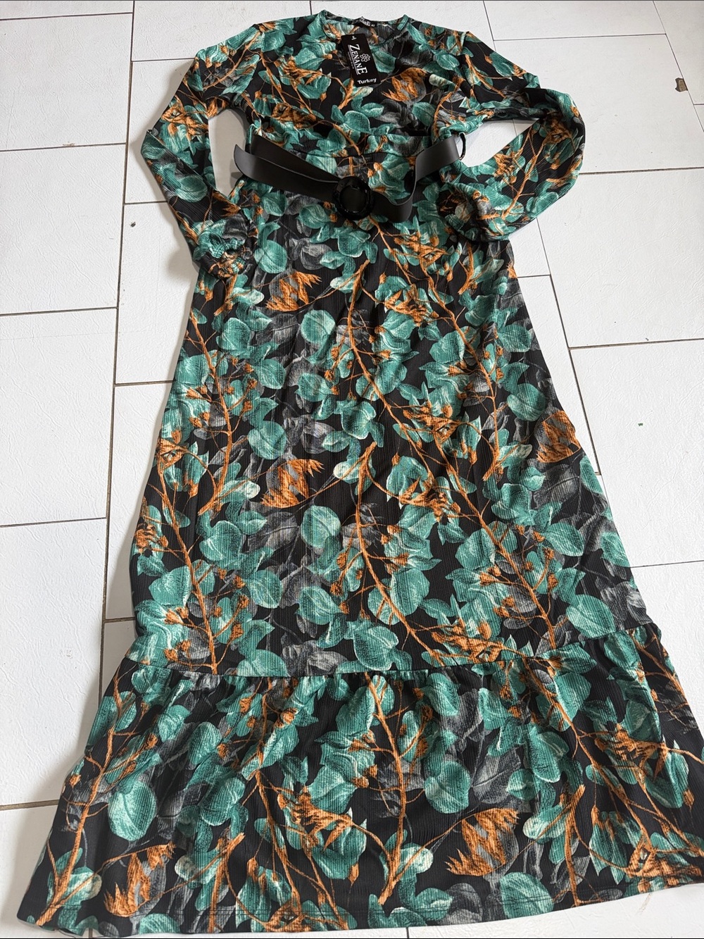 Floral Black Maxi Dress with Green and Orange Leaf Print CAJA # 1 F